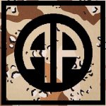 Logo design featuring the letters 'A' and 'P' in black against a camouflage background.